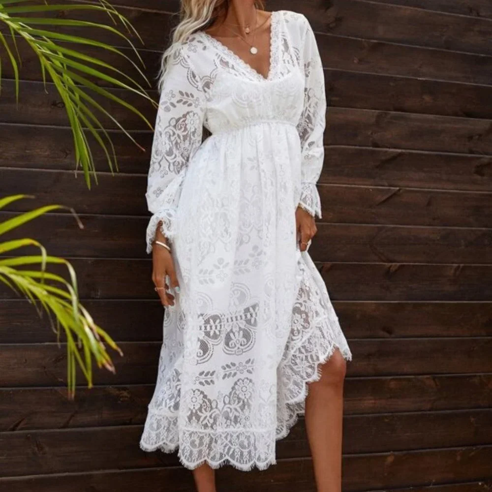 Boho Beauty All over Lace Flounce Sleeve maxi Dress - Picture 3 of 16